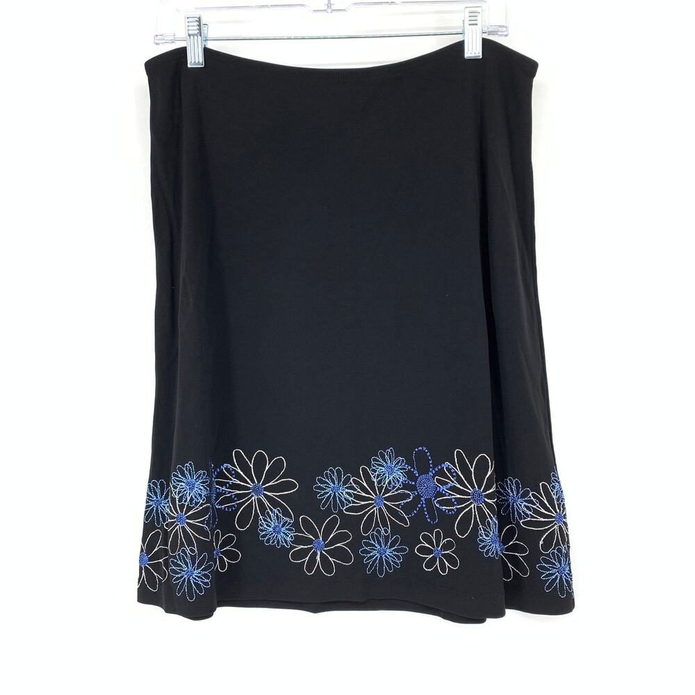 VTG Y2K Loft A-Line Knee Length Skirt Womens Sz PL Black Blue Floral Hem Detail